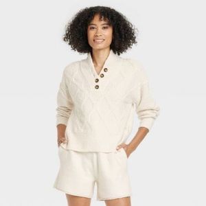 LIKE NEW Cream Henley Neck Button-Front Pullover Sweater
